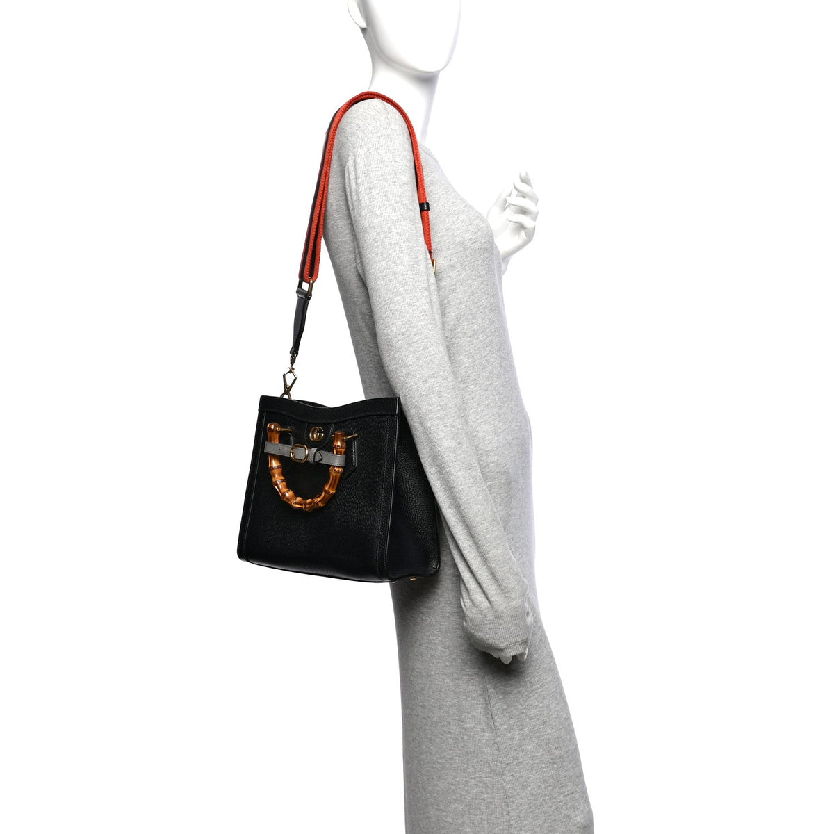 Textured Dollar Calfskin Web Small Diana Tote Bag Black Dusty Grey wholesalehk.shop