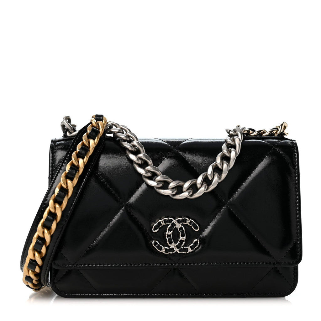 Shiny Crumpled Calfskin Quilted Chanel 19 Wallet On Chain WOC Black wholesalehk.shop