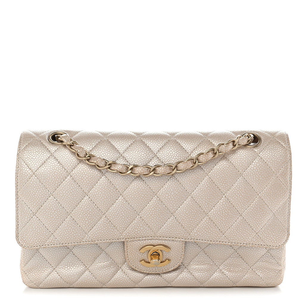 Pearly Caviar Quilted Medium Double Flap Light Beige wholesalehk.shop