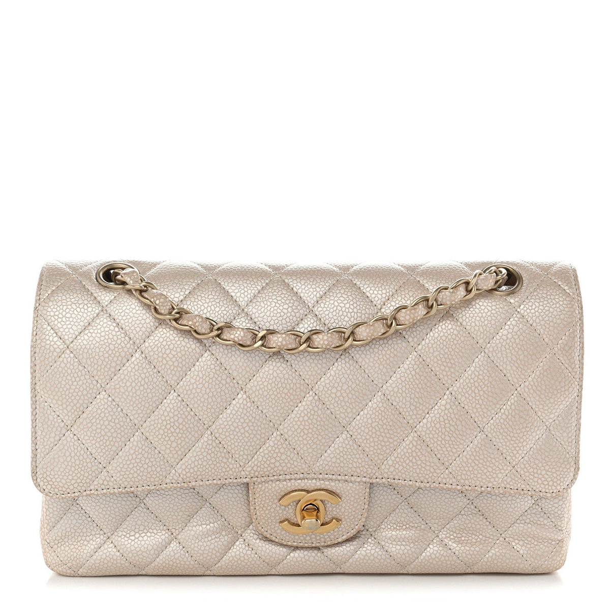 Pearly Caviar Quilted Medium Double Flap Light Beige wholesalehk.shop