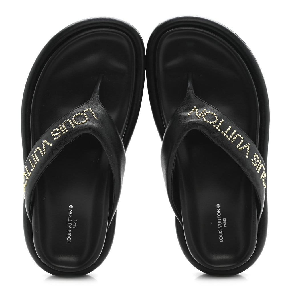 Calfskin Logo Studded Pillow Flat Thong Sandals 35 Black £¨ Direct shipment via from wholesalehk.shop