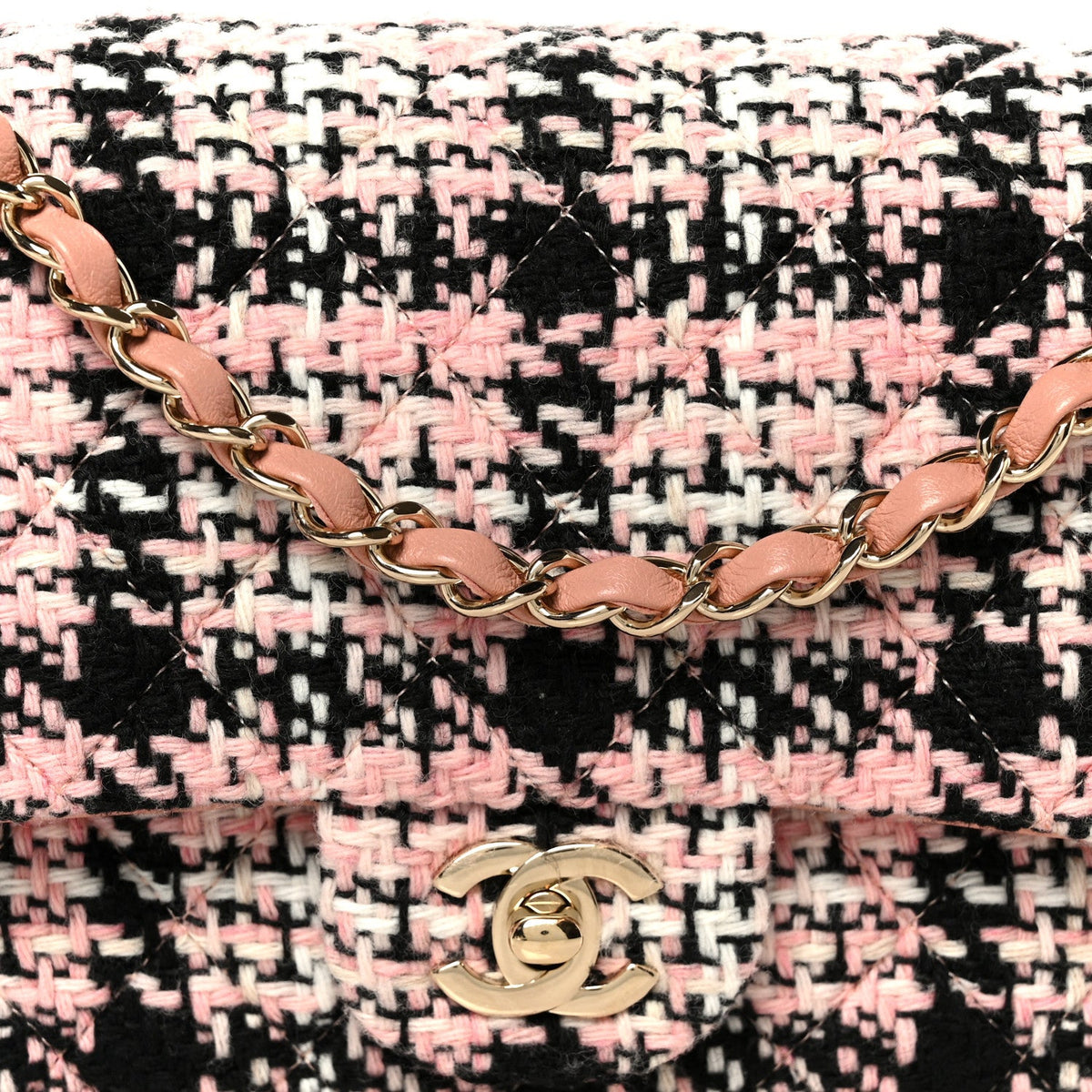 Tweed Quilted Medium Double Flap Pink Black White wholesalehk.shop