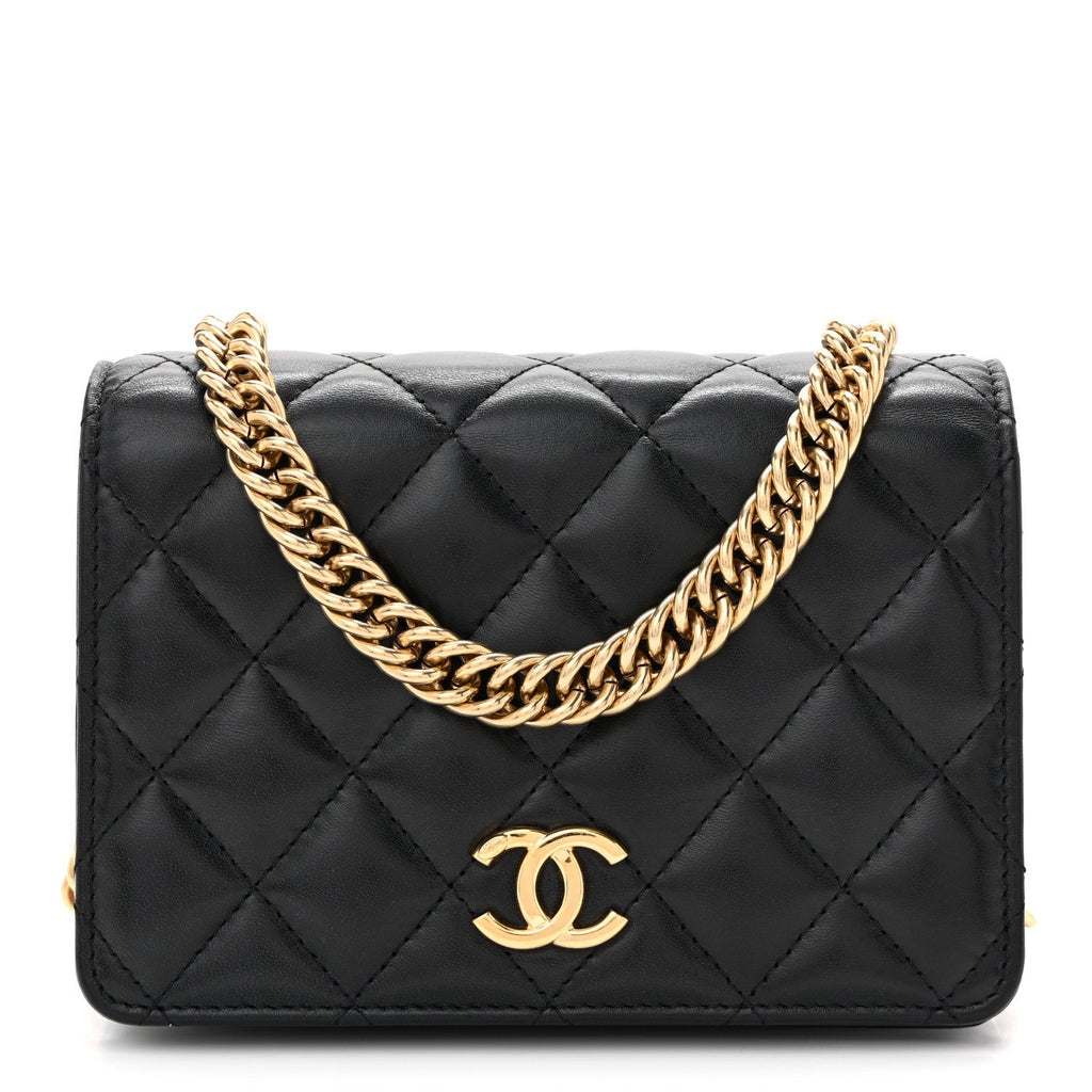 Lambskin Resin Quilted Mini Wallet On Chain WOC Black wholesalehk.shop