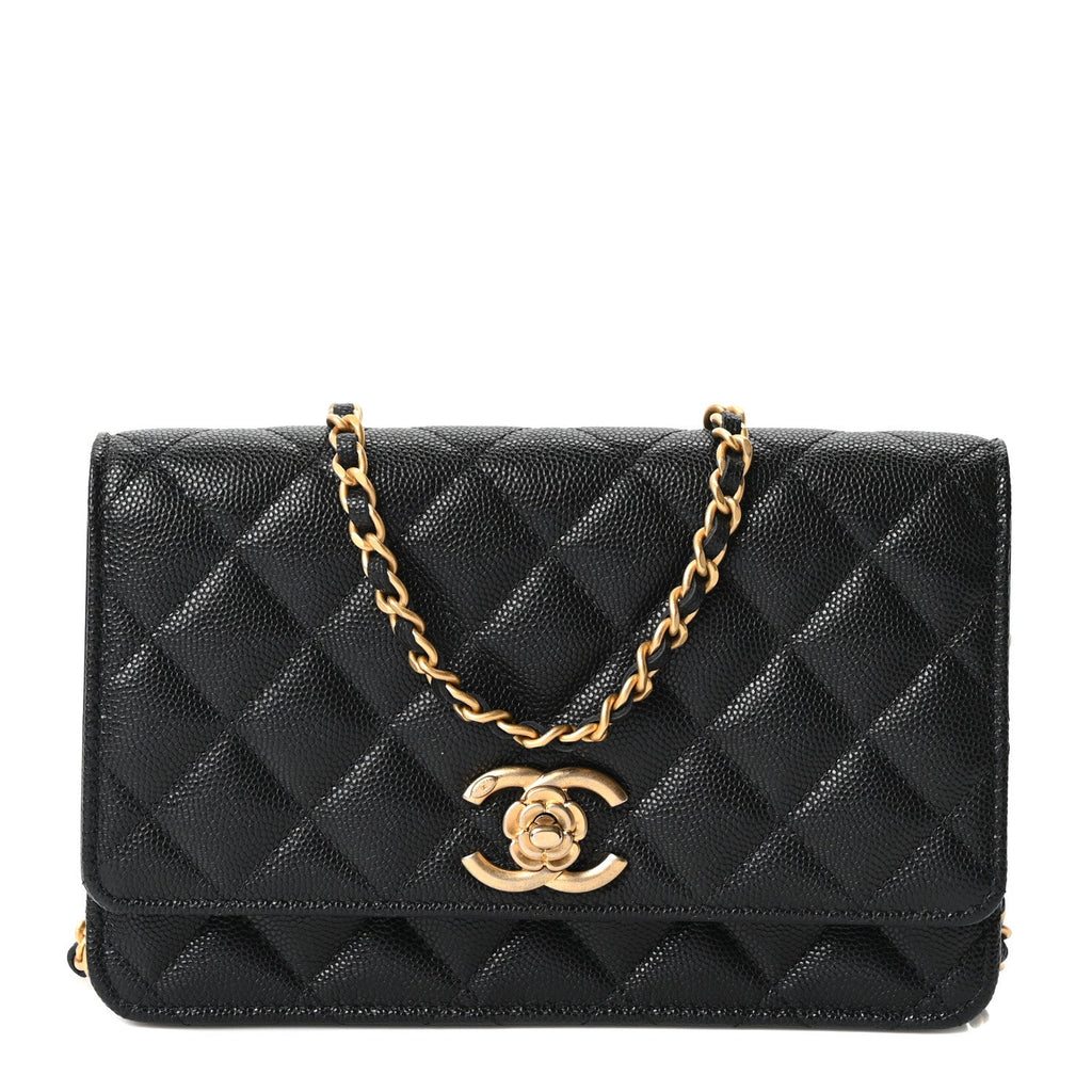 Caviar Quilted Camellia Wallet On Chain WOC Black wholesalehk.shop