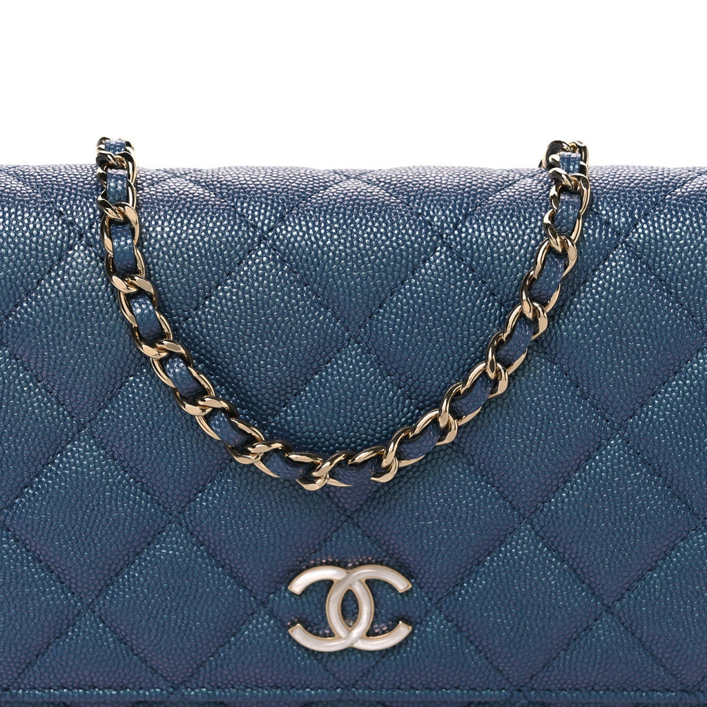 Iridescent Caviar Quilted Wallet on Chain WOC Dark Blue wholesalehk.shop