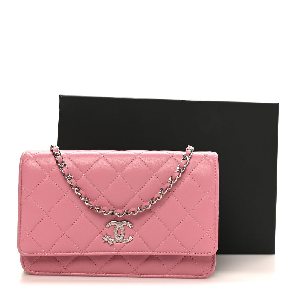 Lambskin Quilted Crystal Star Wallet On Chain WOC Pink wholesalehk.shop