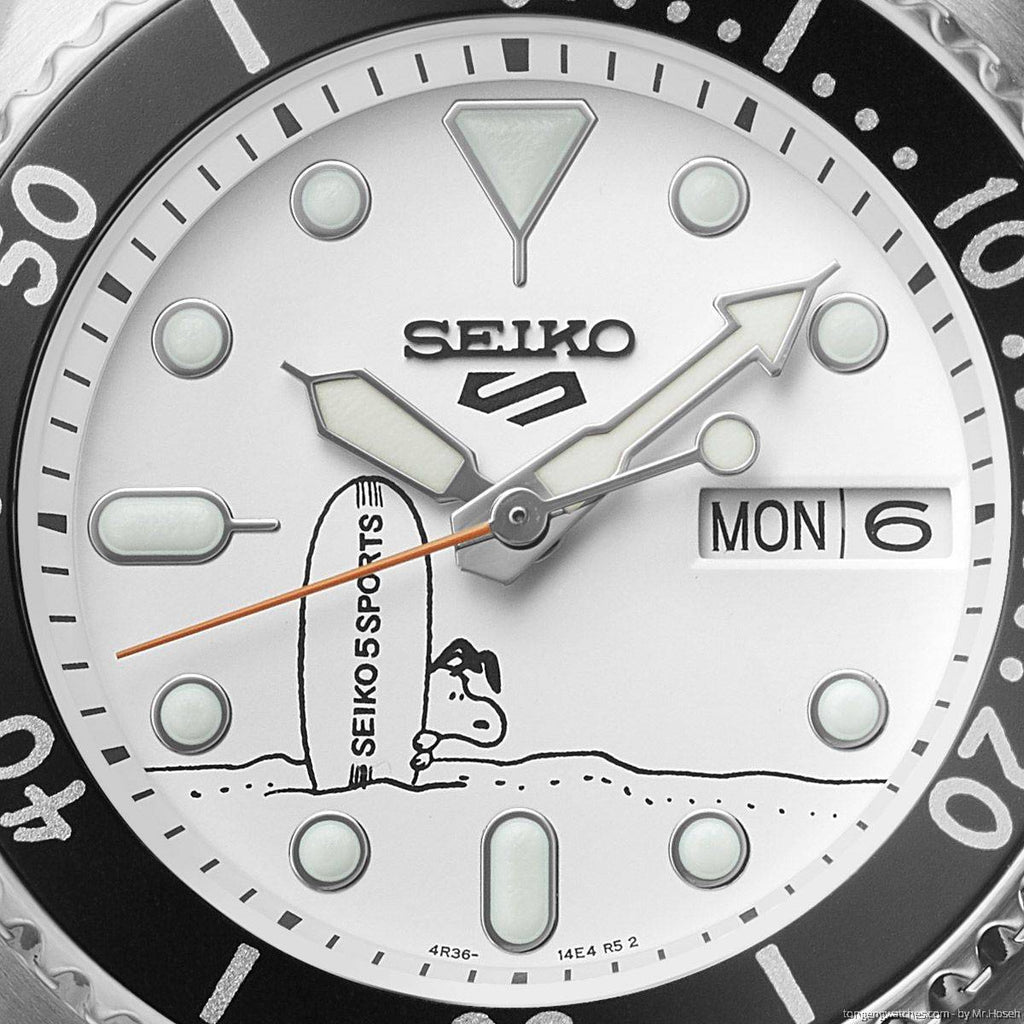 Seiko 5 Sports x Peanuts Surfboard Snoopy Limited Edition White Dial Two Tone NATO Strap Watch For Men - SRPK25K1 wholesalehk.shop