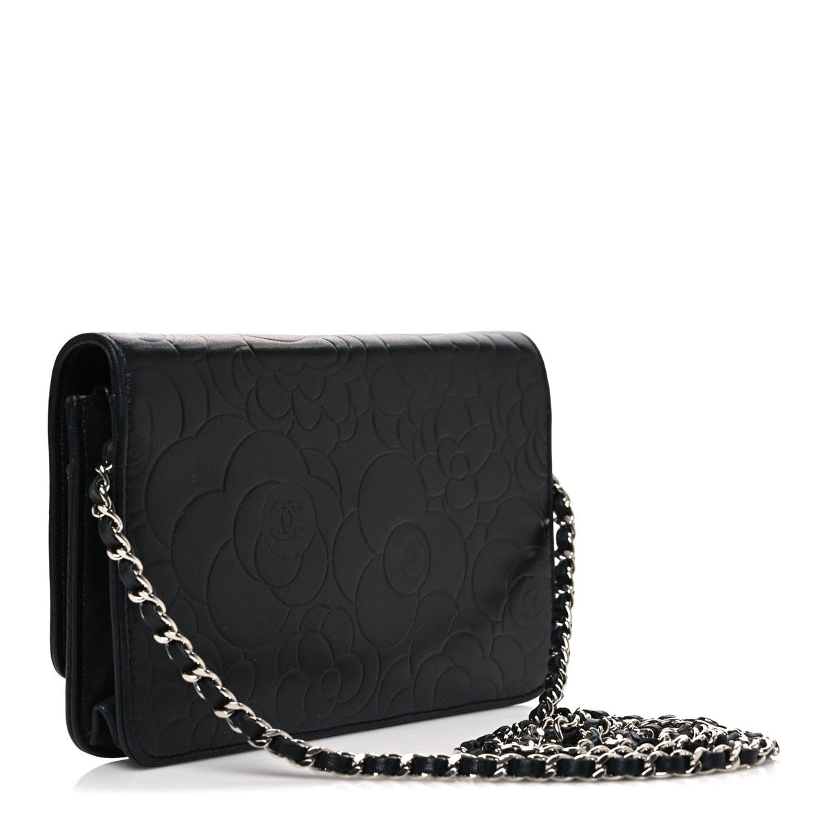 Lambskin Camellia Embossed Wallet on Chain WOC Black wholesalehk.shop