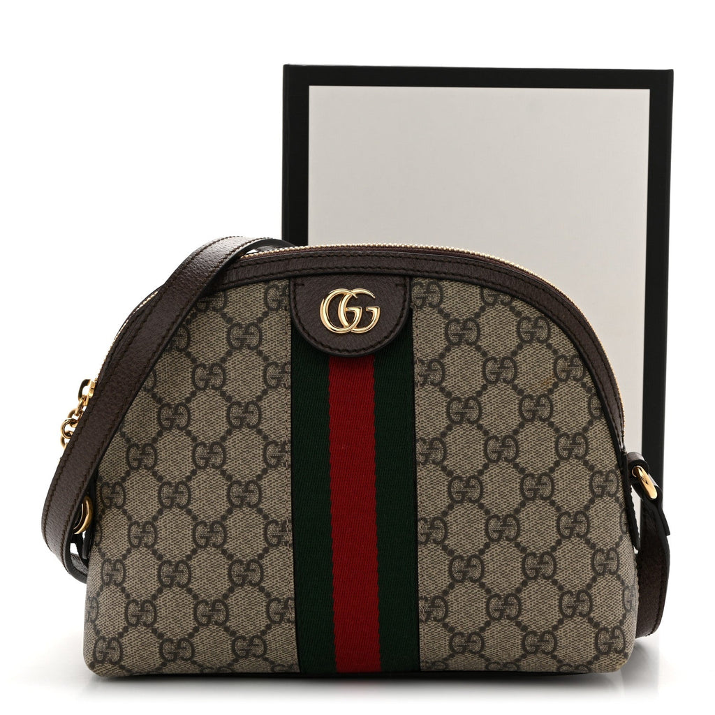 GG Supreme Monogram Textured Dollar Calfskin Web Small Ophidia Dome Shoulder Bag Beige Ebony New Acero wholesalehk.shop