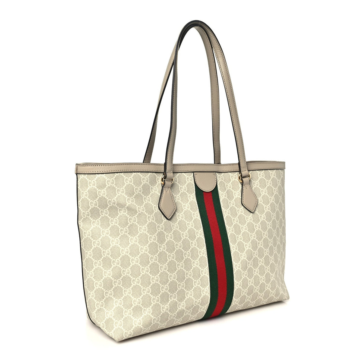 GG Supreme Monogram Textured Dollar Calfskin Web Medium Ophidia Shopping Tote Beige Mystic White Oatmeal wholesalehk.shop