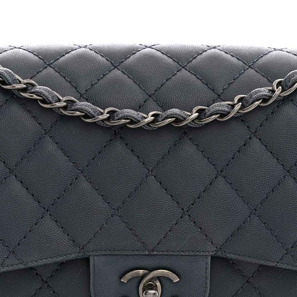 Washed Caviar Quilted Jumbo Double Flap Dark Grey wholesalehk.shop