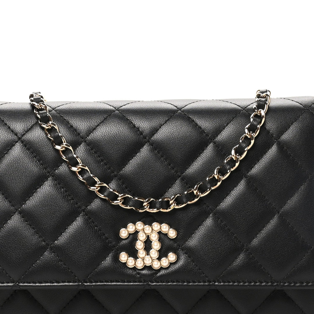 Lambskin Quilted Pearl CC Wallet on Chain WOC Black wholesalehk.shop