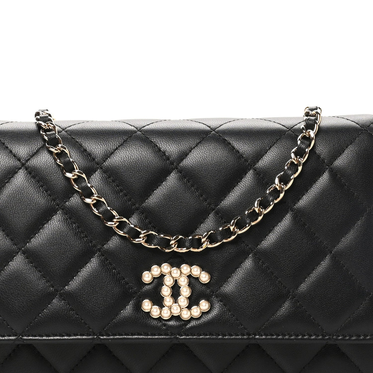 Lambskin Quilted Pearl CC Wallet on Chain WOC Black wholesalehk.shop