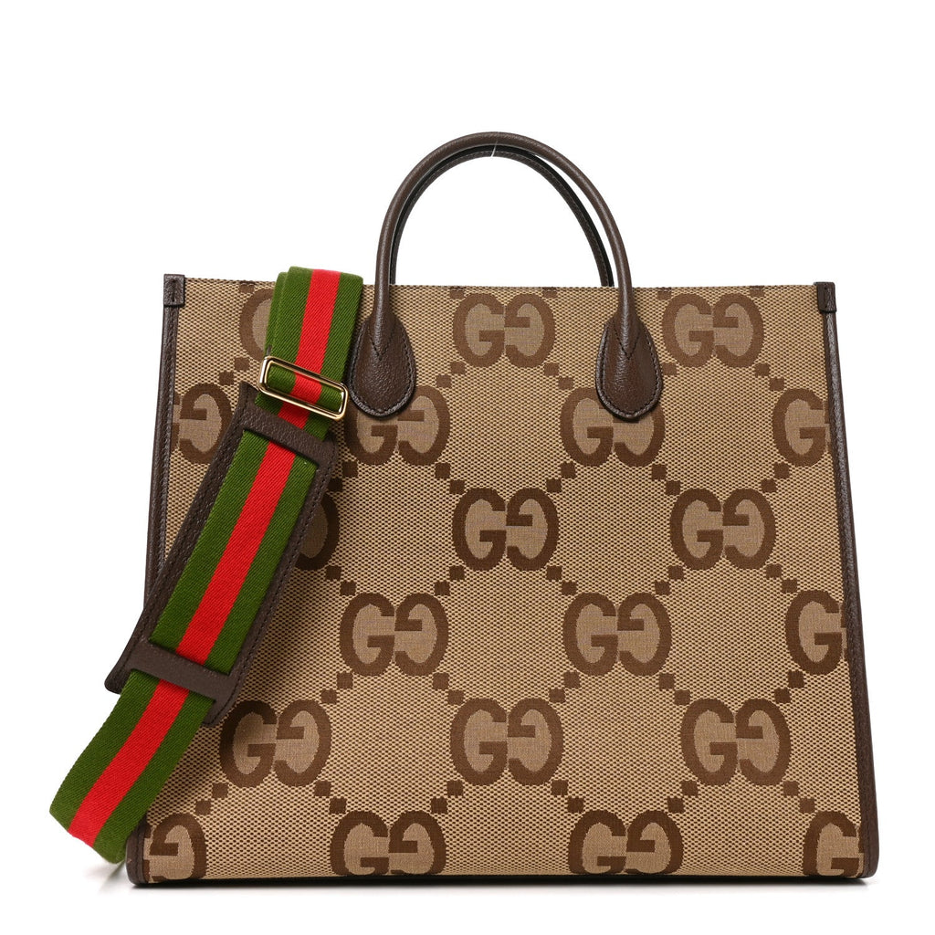 Monogram Jumbo GG Textured Dollar Calfskin Web Tote Bag Camel Ebony New Acero wholesalehk.shop