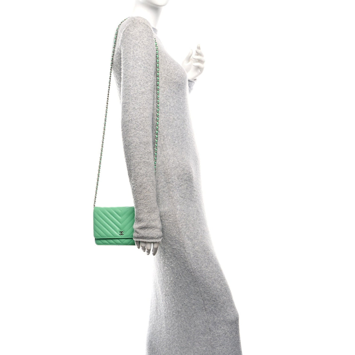 Caviar Chevron Quilted Wallet On Chain WOC Green wholesalehk.shop