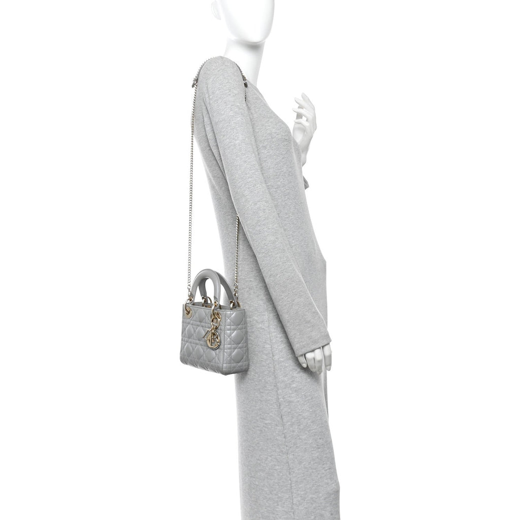 Metallic Lambskin Cannage Mini Lady Dior Grey wholesalehk.shop