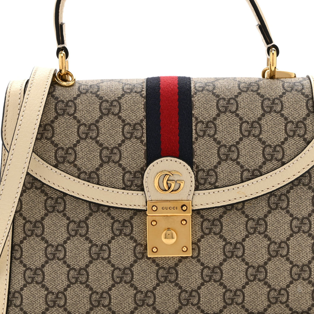 GG Supreme Monogram Textured Dollar Calfskin Web Small Ophidia Padlock Top Handle Bag Beige Ebony Mystic White £¨ Direct shipment via from wholesalehk.shop