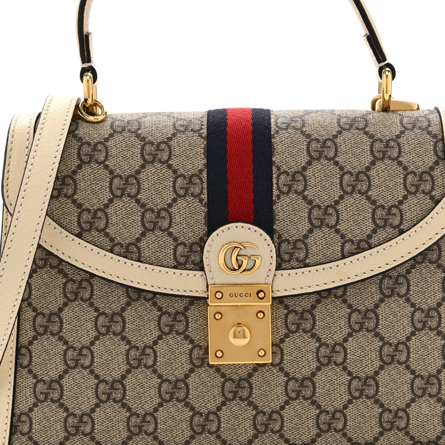 GG Supreme Monogram Textured Dollar Calfskin Web Small Ophidia Padlock Top Handle Bag Beige Ebony Mystic White £¨ Direct shipment via from wholesalehk.shop