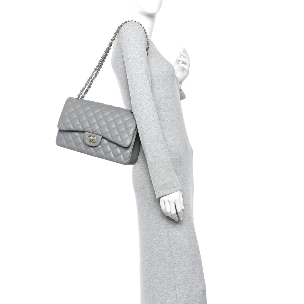 Caviar Quilted Jumbo Double Flap Grey wholesalehk.shop