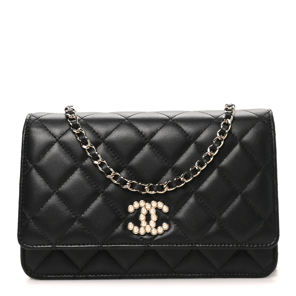 Lambskin Quilted Pearl CC Wallet on Chain WOC Black wholesalehk.shop
