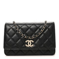 Lambskin Quilted Pearl CC Wallet on Chain WOC Black wholesalehk.shop