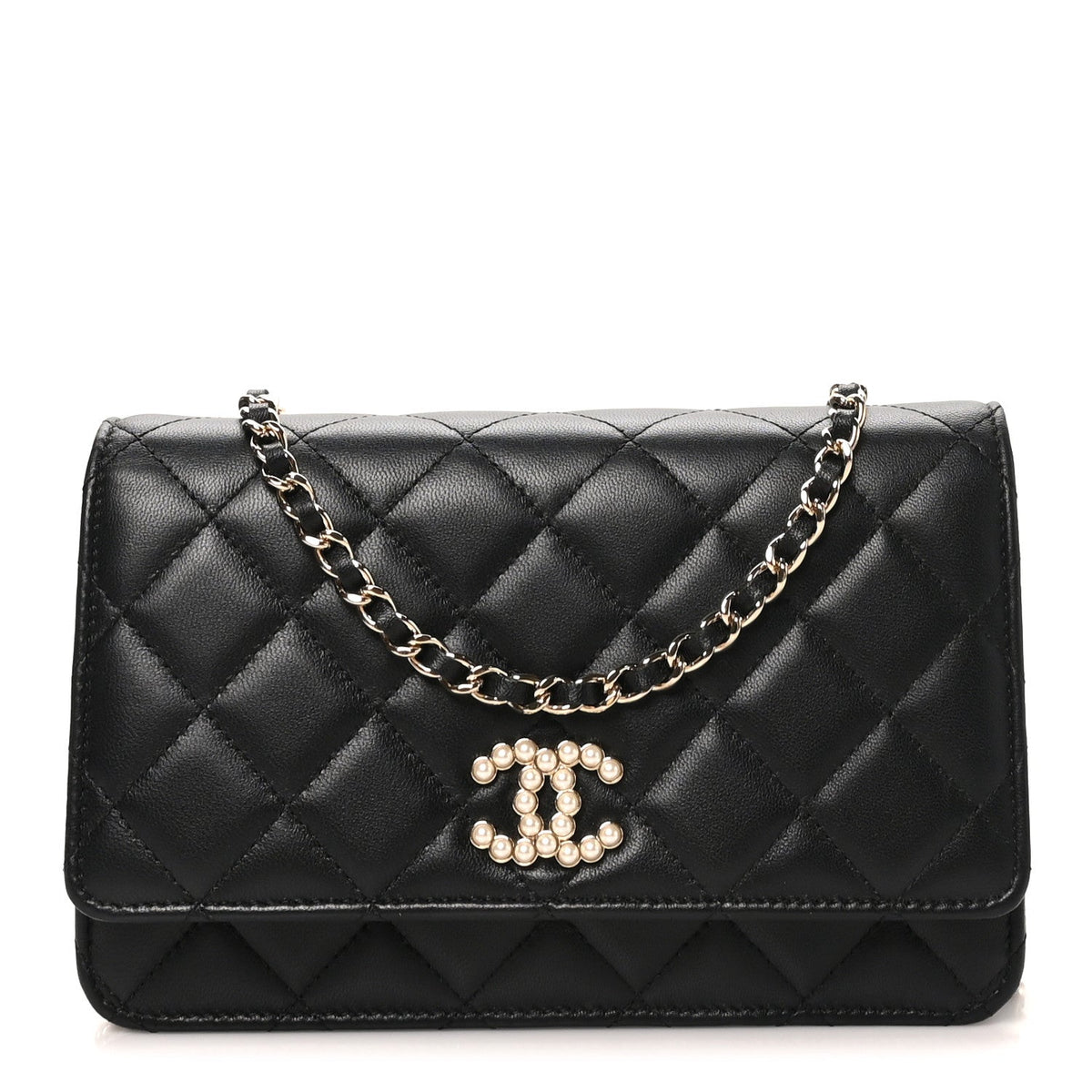 Lambskin Quilted Pearl CC Wallet on Chain WOC Black wholesalehk.shop