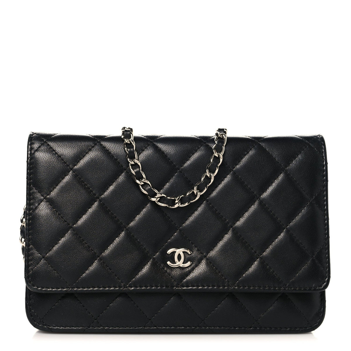 Lambskin Quilted Wallet On Chain WOC Black wholesalehk.shop