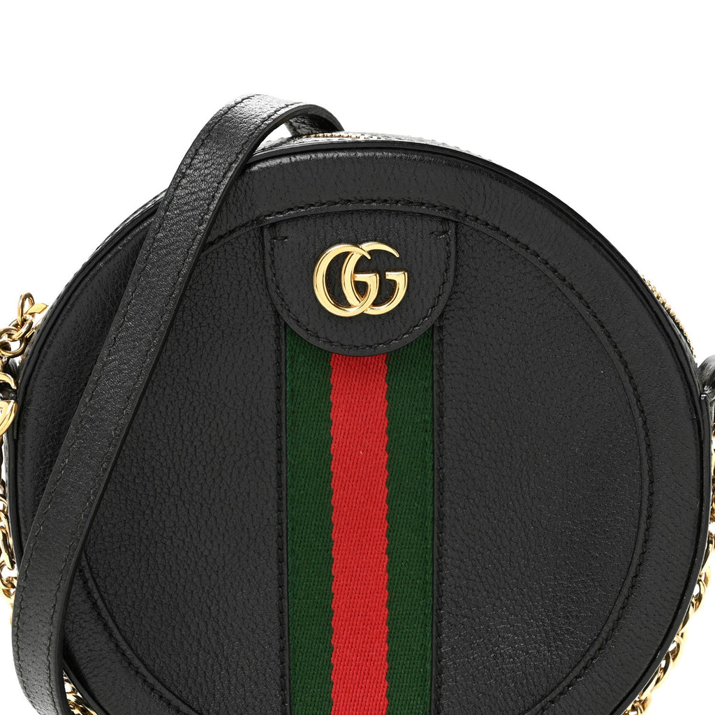 Grained Calfskin Web Mini Ophidia Round Shoulder Bag Black wholesalehk.shop