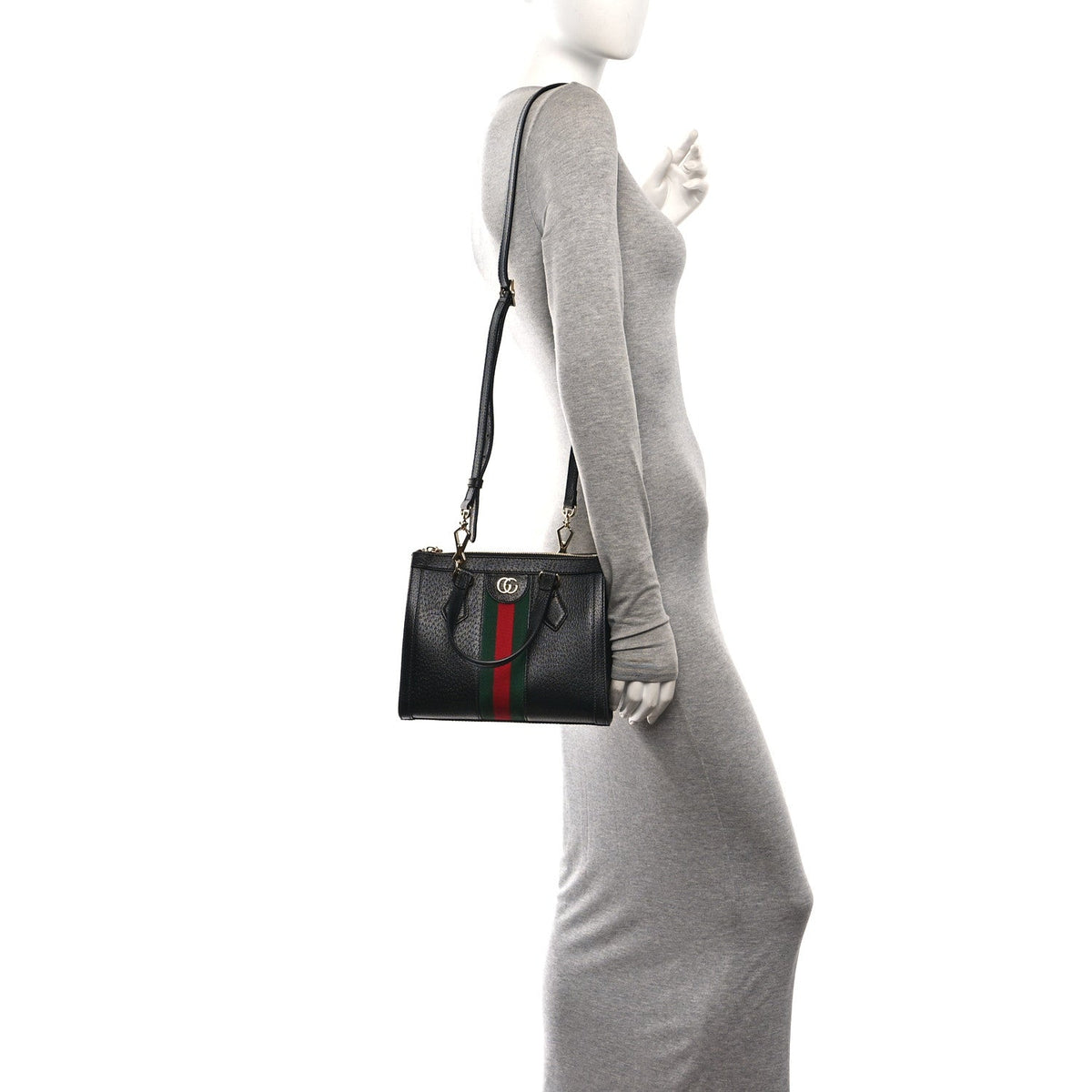 Textured Calfskin Web Small Ophidia Tote Bag Black wholesalehk.shop
