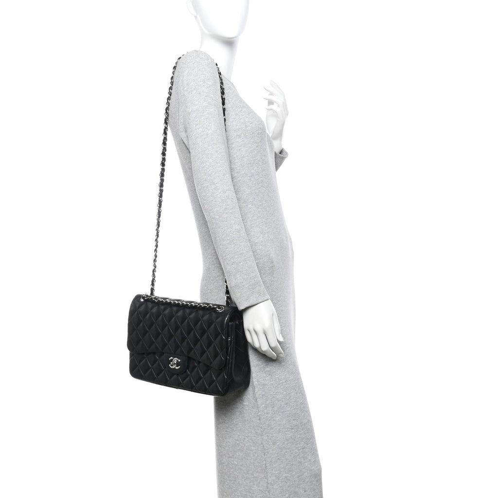 Lambskin Quilted Jumbo Double Flap Black wholesalehk.shop