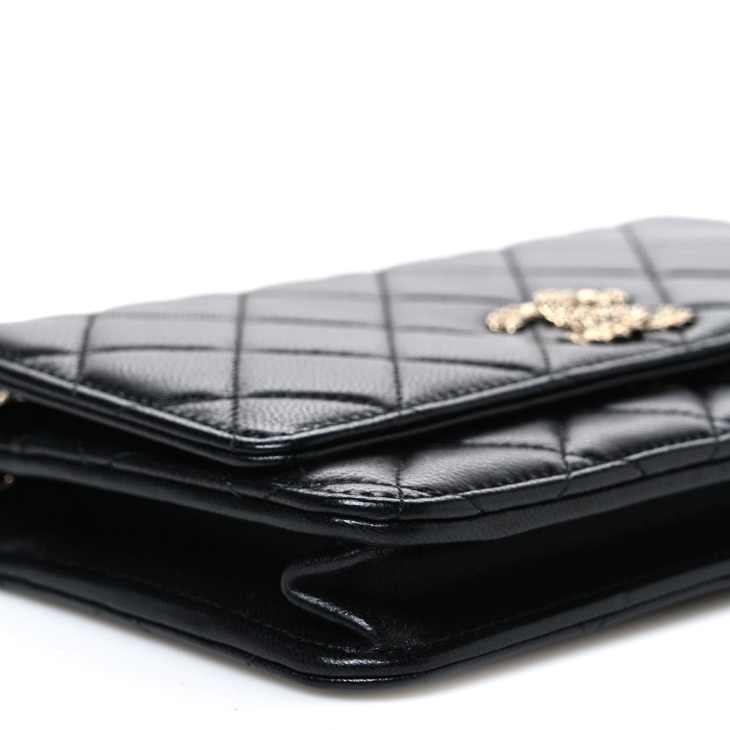 Lambskin Quilted Crystal CC Wallet On Chain WOC Black wholesalehk.shop