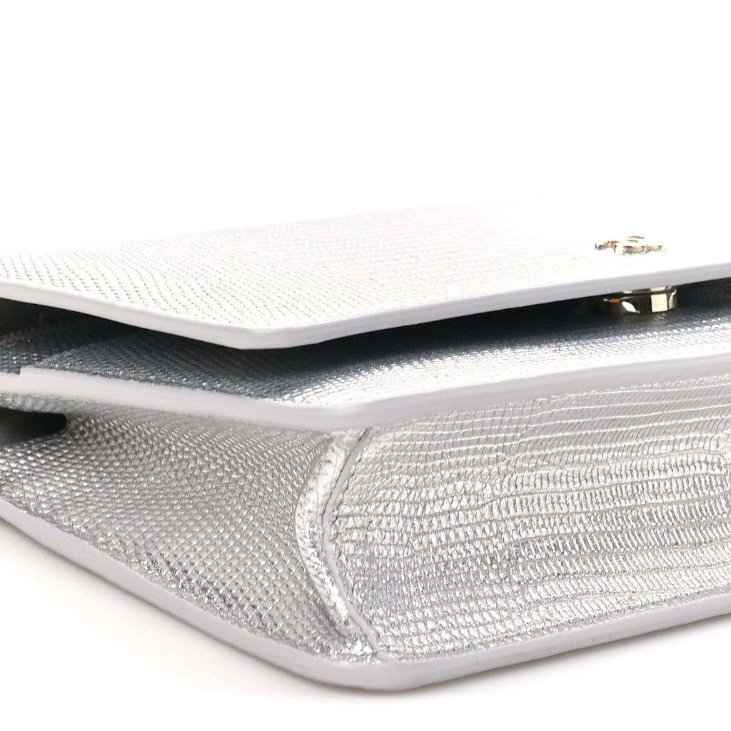Calfskin Lizard Embossed Wallet on Chain WOC Silver wholesalehk.shop