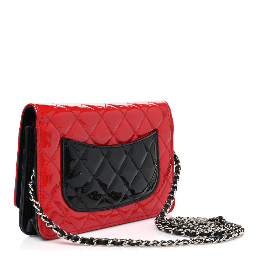 Patent Quilted Bi-Color Wallet On Chain WOC Red Black wholesalehk.shop