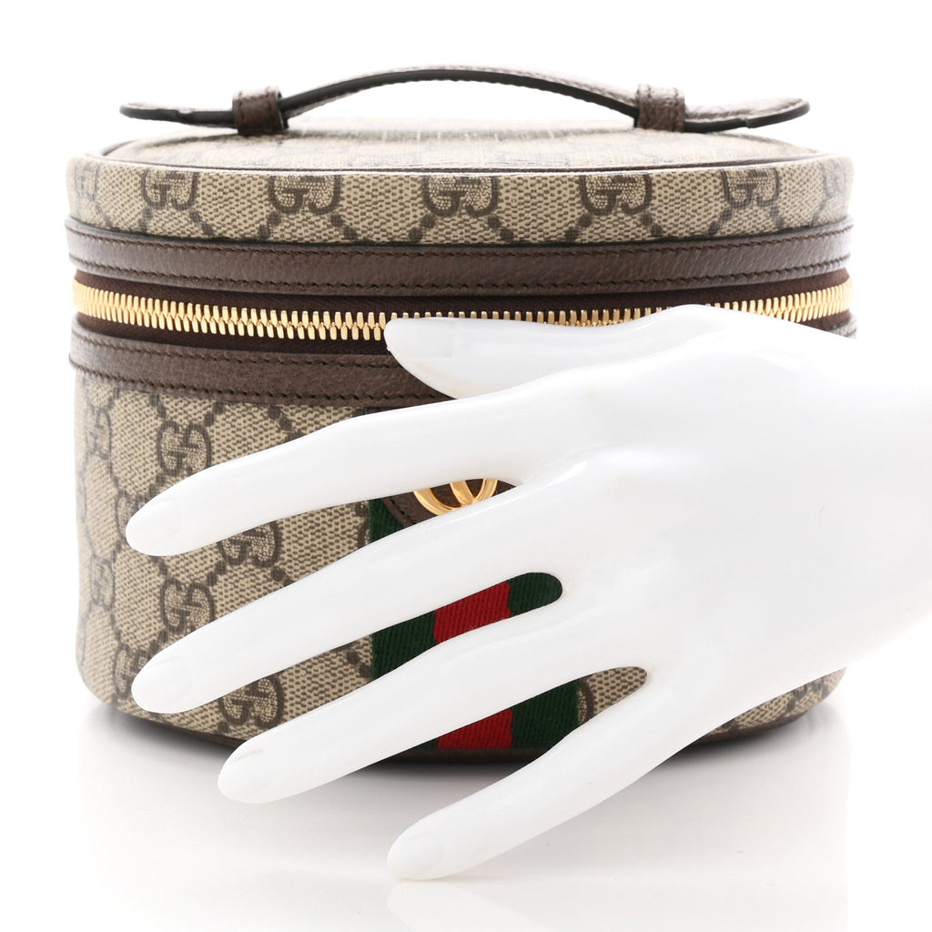 GG Supreme Monogram Textured Calfskin Web Ophidia Vanity Cosmetic Case Beige Ebony New Acero wholesalehk.shop