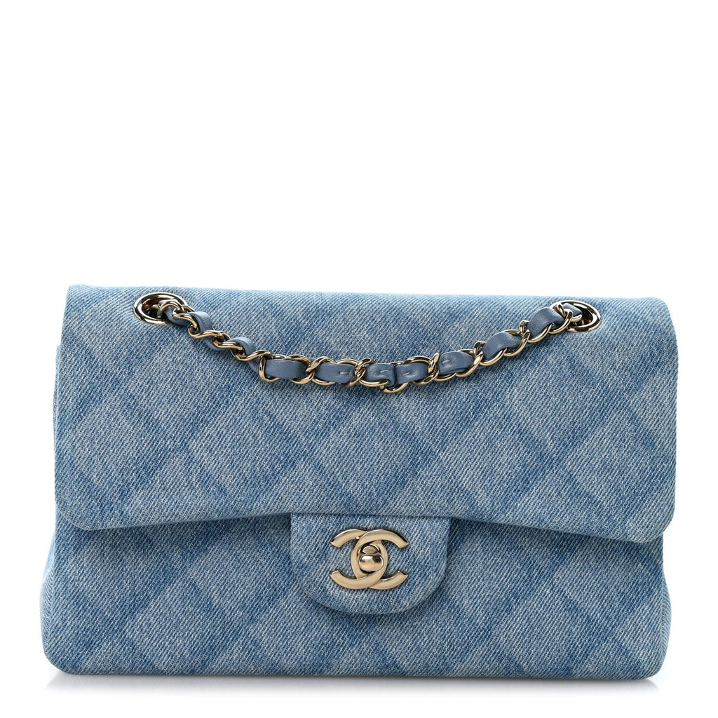 Printed Denim Quilted Small Double Flap Light Blue wholesalehk.shop