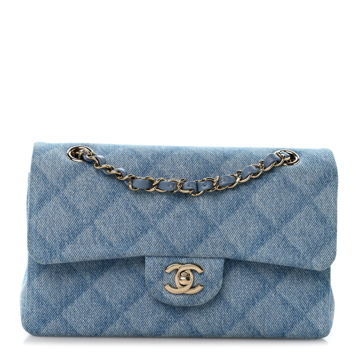 Printed Denim Quilted Small Double Flap Light Blue wholesalehk.shop