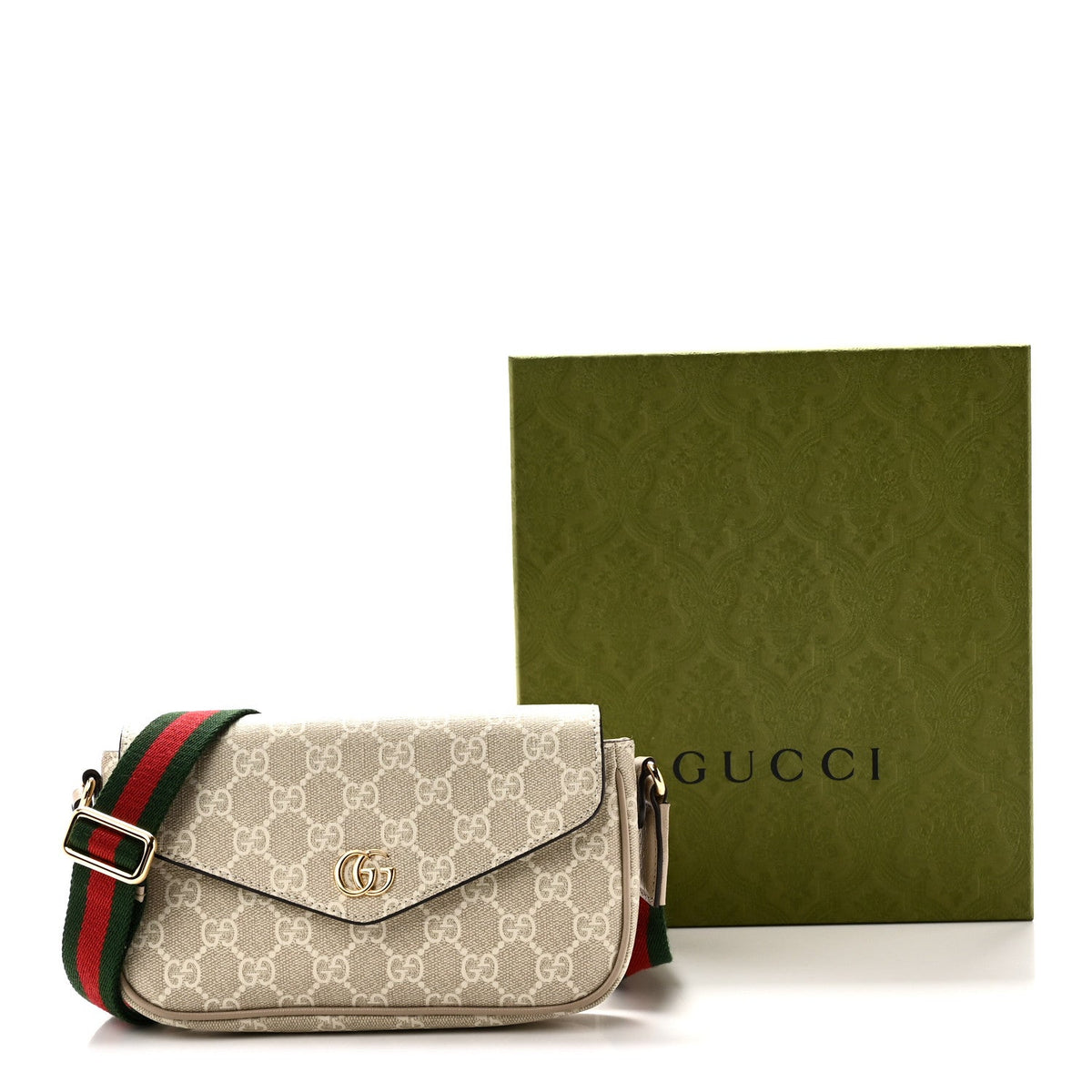 GG Supreme Monogram Textured Dollar Calfskin Web Mini Ophidia Envelope Shoulder Bag Beige Mystic White Oatmeal wholesalehk.shop
