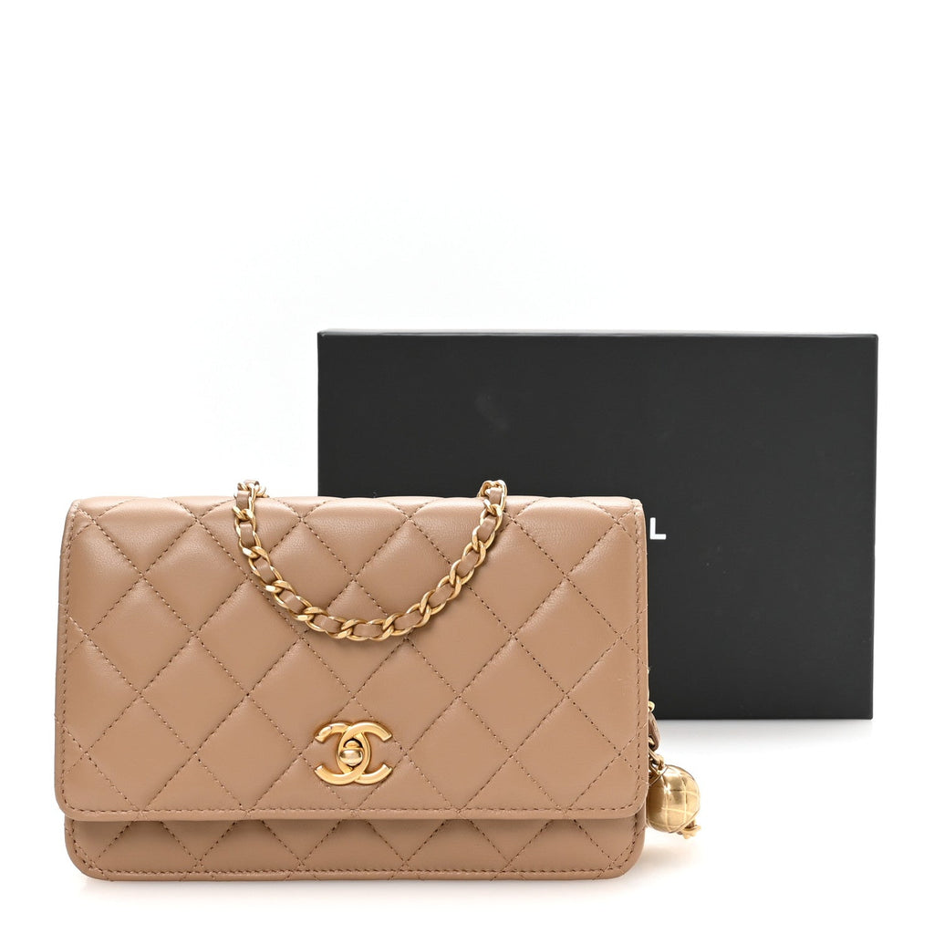 Lambskin Quilted CC Pearl Crush Wallet on Chain WOC Beige wholesalehk.shop