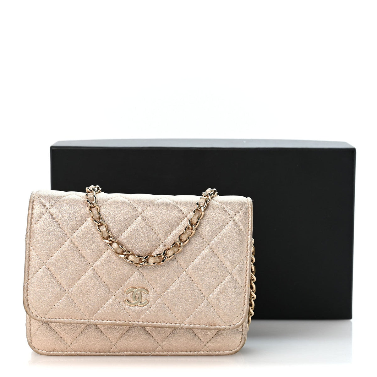 Metallic Lambskin Quilted Mini Wallet On Chain WOC Gold wholesalehk.shop