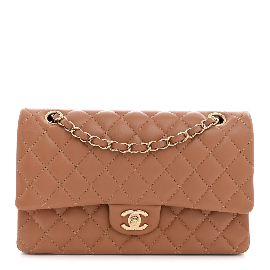 Lambskin Quilted Medium Double Flap Brown wholesalehk.shop