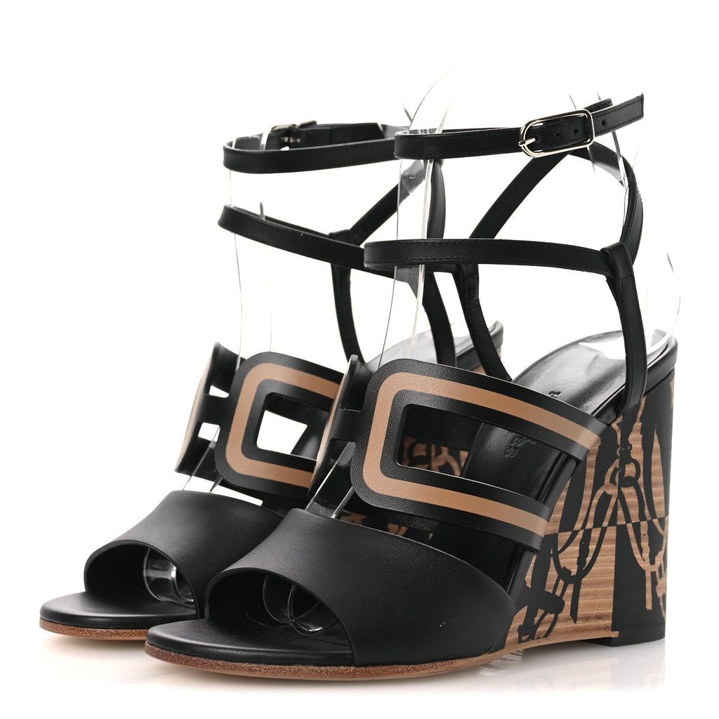Calfskin Klara 100 Wedge Sandals 35 Black Natural wholesalehk.shop