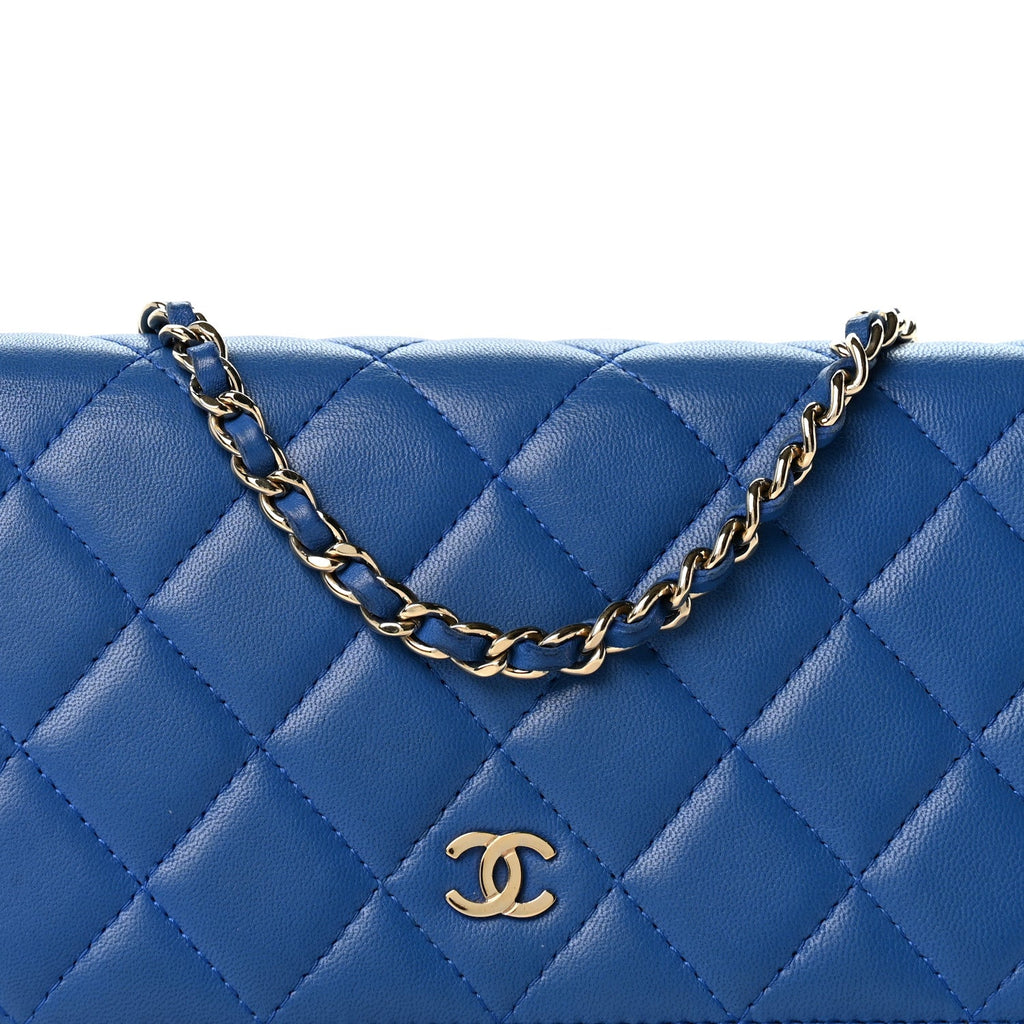 Lambskin Quilted Wallet On Chain WOC Blue wholesalehk.shop