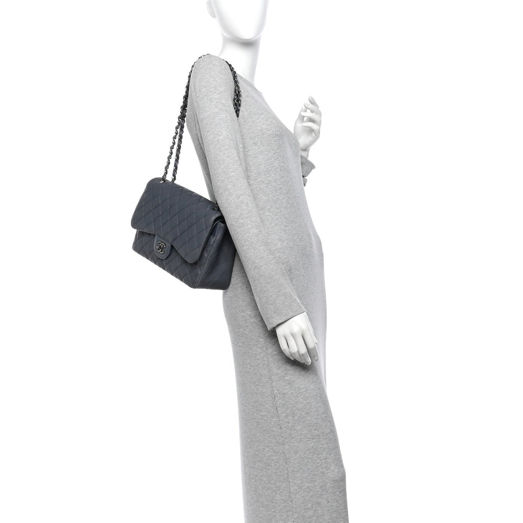 Washed Caviar Quilted Jumbo Double Flap Dark Grey wholesalehk.shop