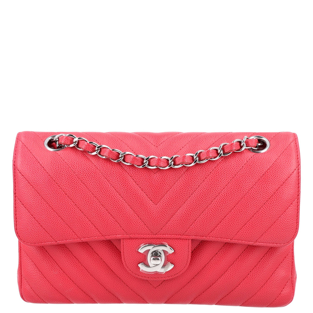 Caviar Chevron Quilted Small Double Flap Dark Pink wholesalehk.shop