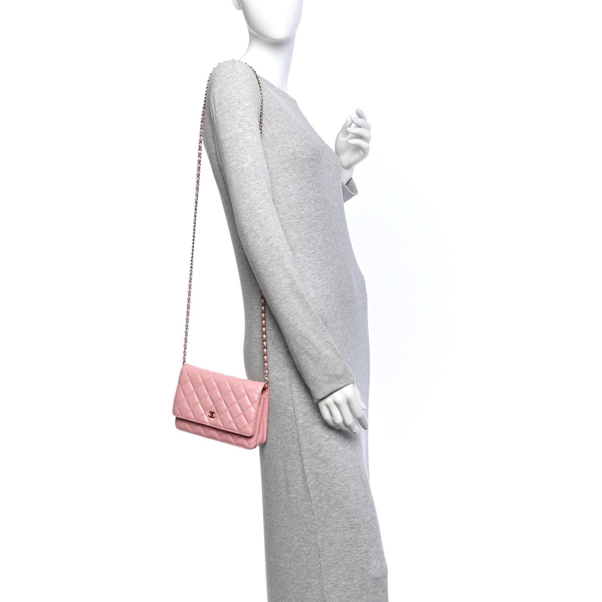 Iridescent Caviar Quilted Wallet on Chain WOC Rose Pink wholesalehk.shop