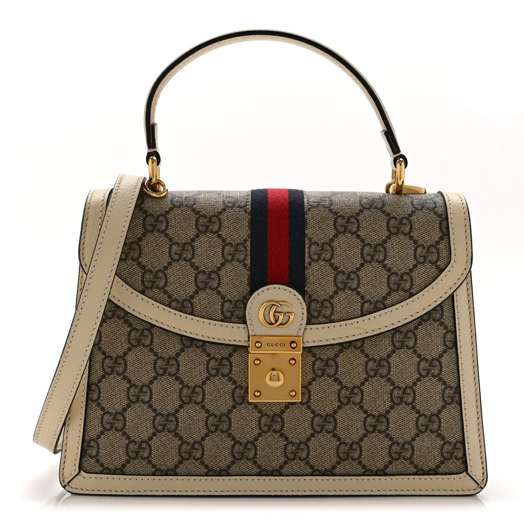 GG Supreme Monogram Textured Dollar Calfskin Web Small Ophidia Padlock Top Handle Bag Beige Ebony Mystic White £¨ Direct shipment via from wholesalehk.shop