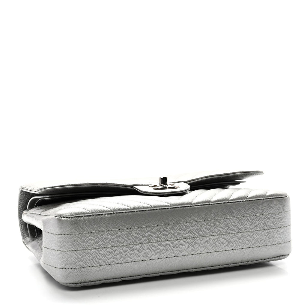 Metallic Caviar Chevron Quilted Medium Double Flap Silver wholesalehk.shop