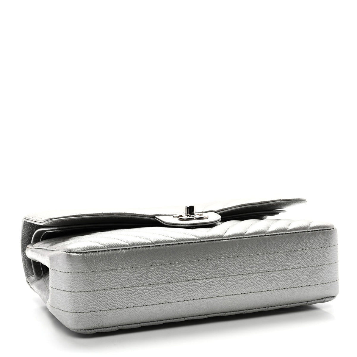Metallic Caviar Chevron Quilted Medium Double Flap Silver wholesalehk.shop