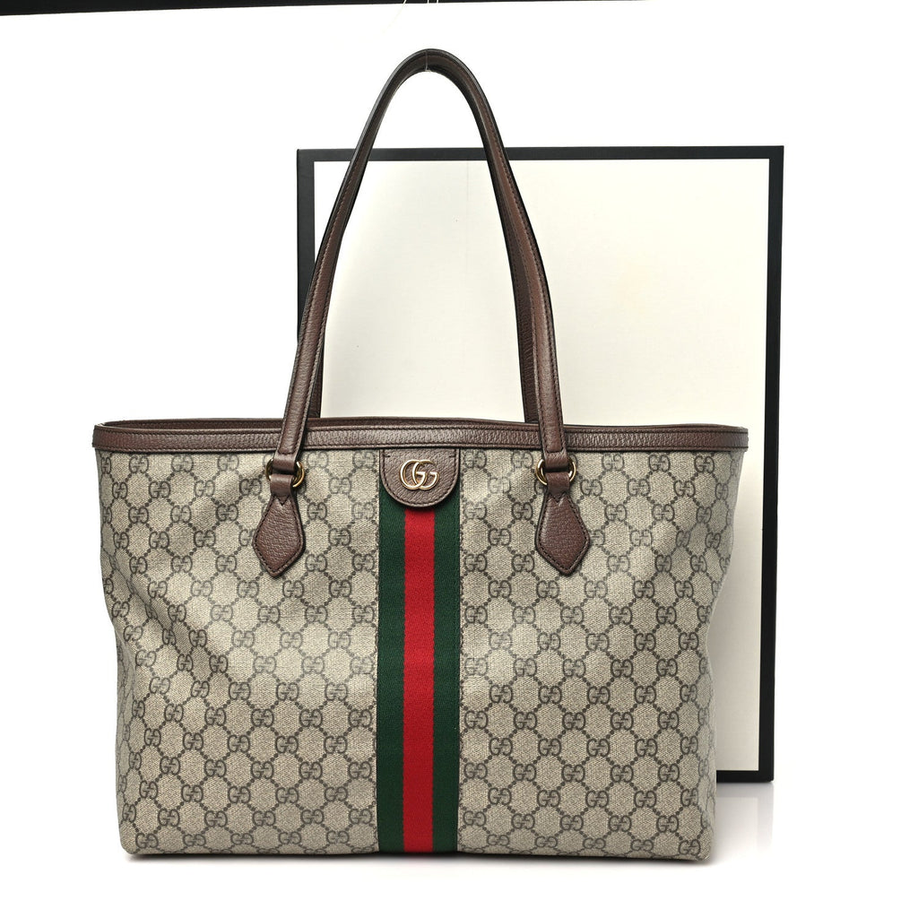 GG Supreme Monogram Textured Calfskin Web Medium Ophidia Shopping Tote Beige Ebony New Acero wholesalehk.shop