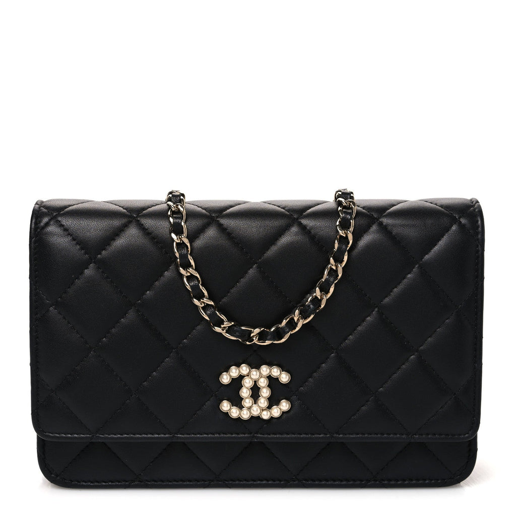 Lambskin Quilted Pearl CC Wallet on Chain WOC Black wholesalehk.shop